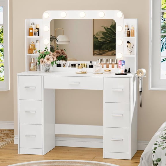 Lacoo Vanity Desk with Mirror & Lights, Makeup Vanity Set with 7 Drawers & Shelves, Vanity Table for Bedroom, White