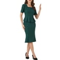 thumbnail image 4 of Conjunto de blusa peplum y falda INSPIRE CHIC para atuendo de negocios de mujer, top de cuello cuadrado, manga corta, falda ajustada de cola de pez, XS, verde oscuro, 4 of 5