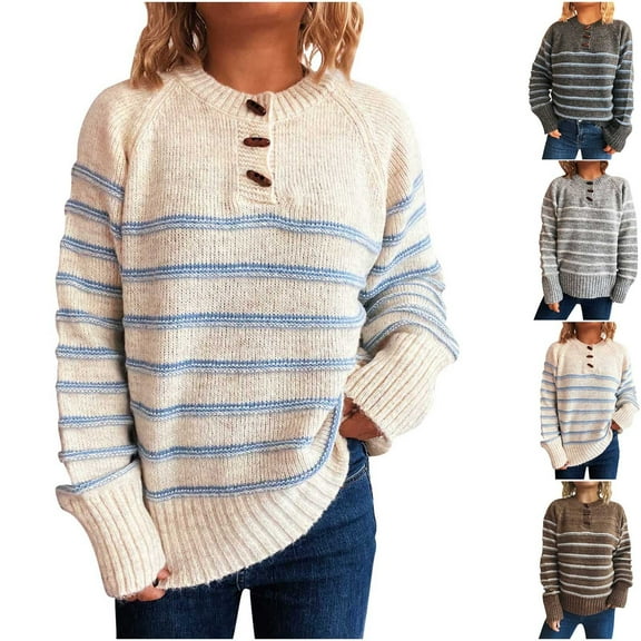 Ashirexll Pullover Sweaters for Women, Winter Sweaters for Women, Women's Long Sleeve Round Neck Striped Pullover Loose Knit Sweater