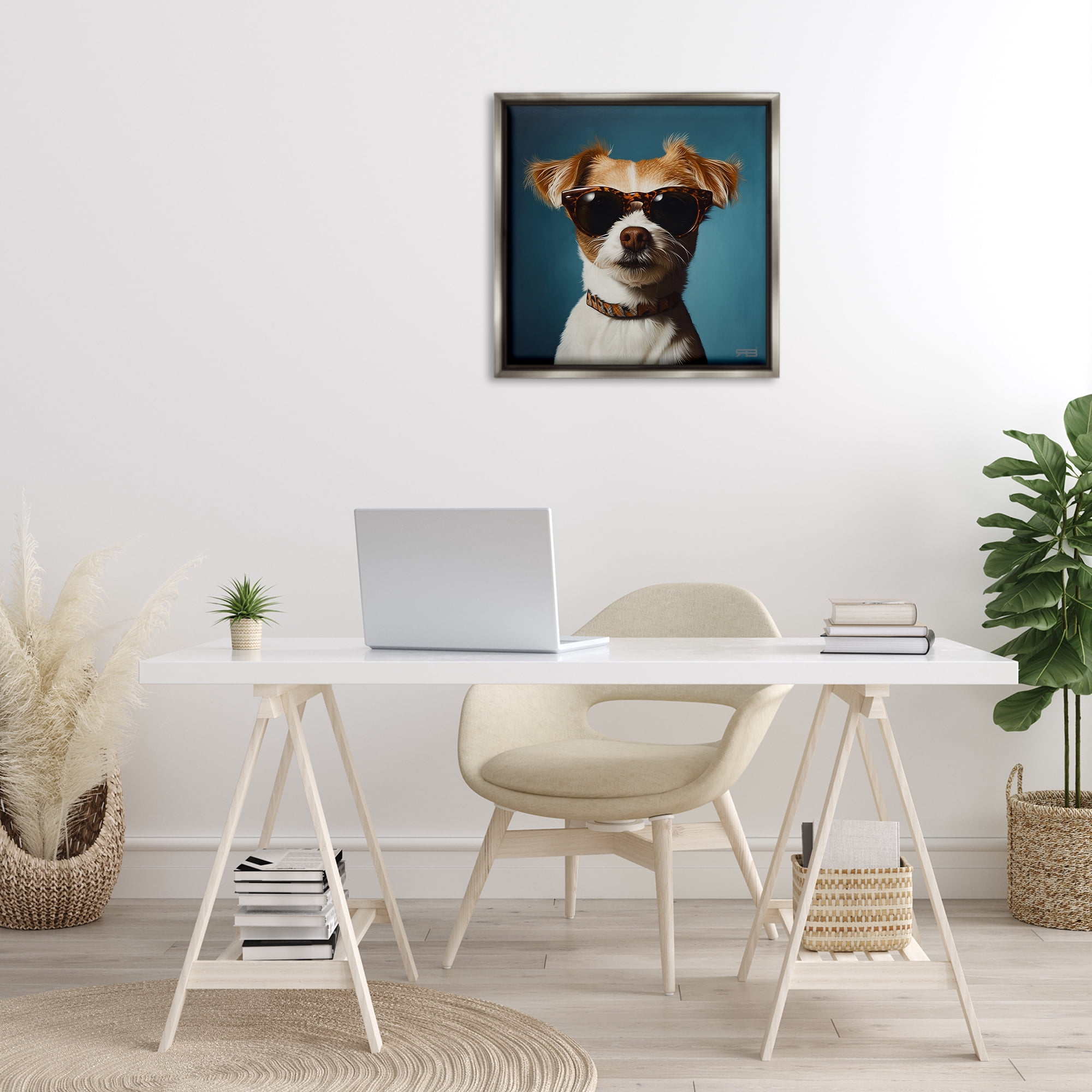 Stupell Industries Cool Dog on Blue Animals & Insects Painting Gray Floater Framed Canvas Art Print Wall Art, 25 x 25