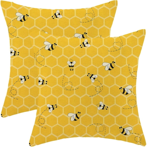 Summer Outdoor Pillow Covers 16 x 16 Inch, Mustard Yellow Bee Seasonal Decor Throw Pillows for Home Couch Bed, Honeycomb Beehive Farmhouse Decorative Pillowcase Linen Cushion Cover Set of 2