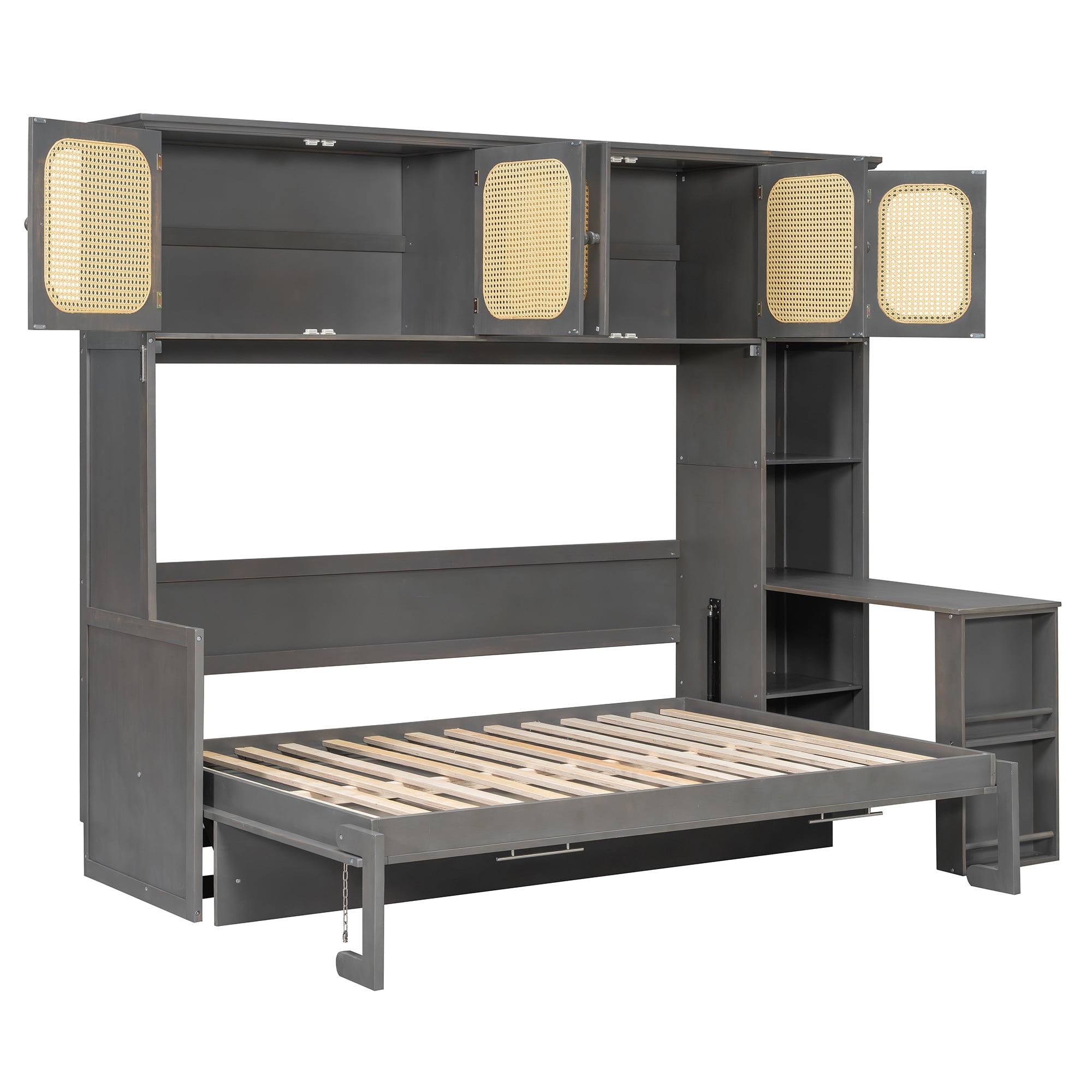 Mintazer Full Size Rattan Murphy Wall Bed with Desk & Side Bookshelf, Folding Bed with 5 Rattan Storage Cabinets for Guest Room Apartment, Gray