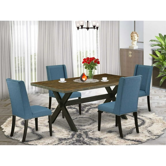 East West Furniture X677FL121-5 5-Piece Modern Dining Room Table Set a Great Distressed Jacobean Kitchen Rectangular Table Top and 4 Excellent Linen Fabric Parson Chairs with Nail Heads and...