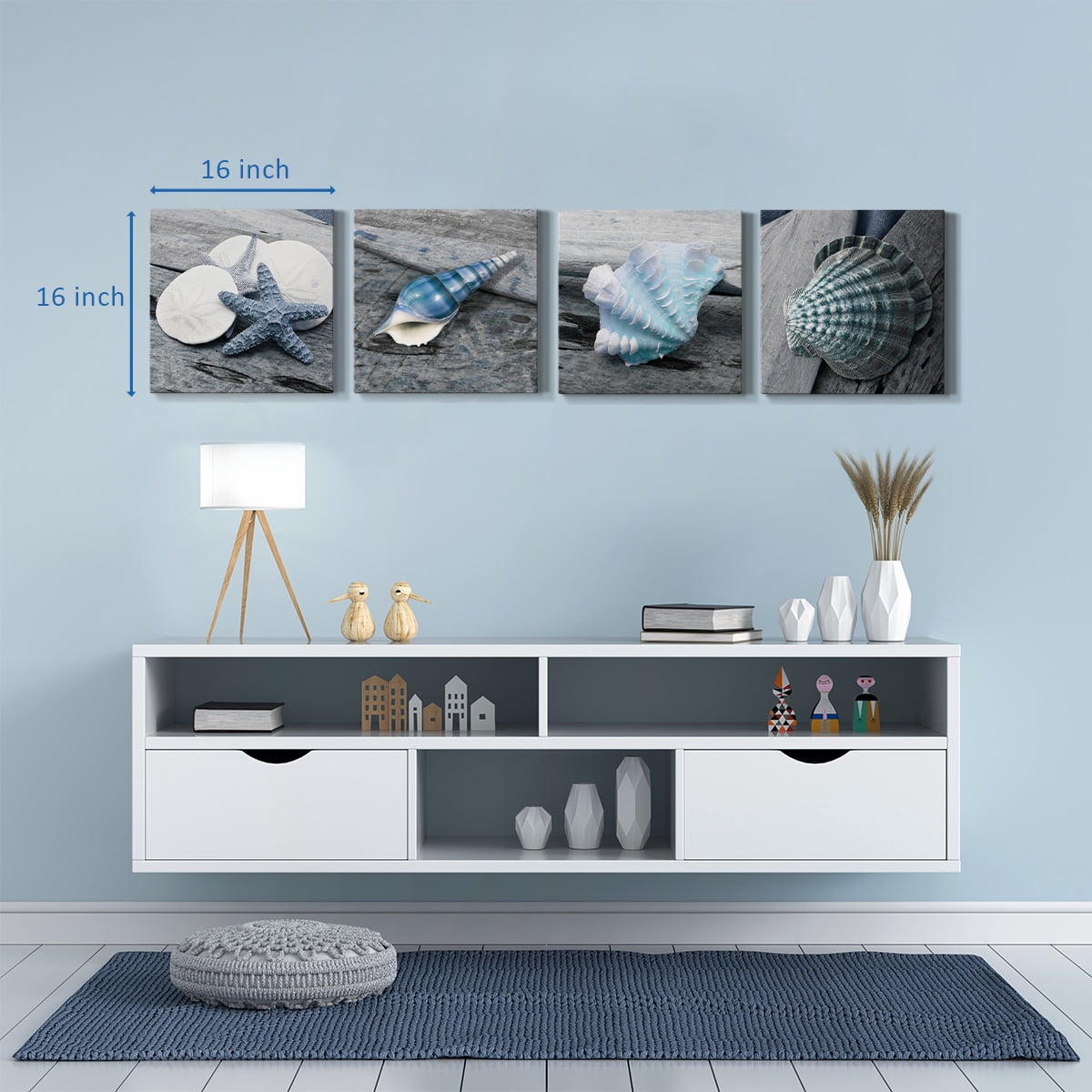 Wexford Home Beach Wall Décor Seashell Picture Prints Set of 4 Canvas Wall Art 24 x 24 inches Each Solid Wood Artwork for Cabin Home Office