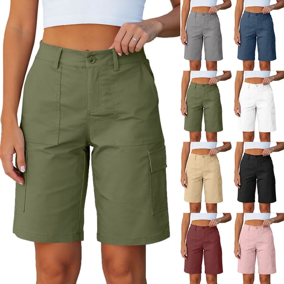 Antqov Womens Bermuda Cargo Shorts High Waisted Elastic Zipper Button Straight Loose Summer Cargo Hiking Shorts, S-2XL
