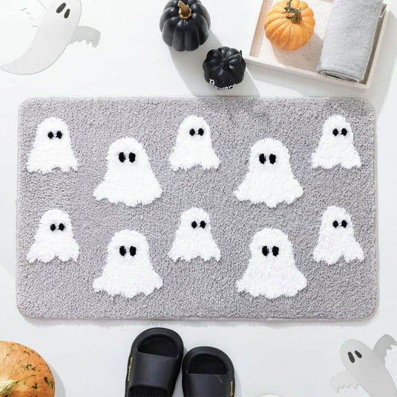 PEONAVET Halloween Ghost Door Mat Non Slip Front Door Mat for Indoor Outdoor Cute Ghost Rug Home Decor for Halloween Front Porch Entryway Decorations(Gray)