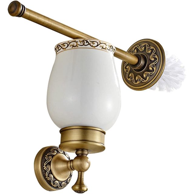 Escobilla de baño de latón de alta calidad con acabado en latón antiguo con delicados diseños en la base y la barra Escobilla de baño de color bronce Decoración y accesorios para baño JFHHH pequeña
