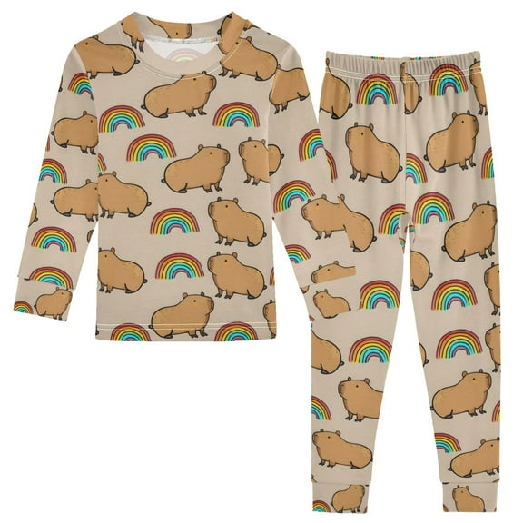 joogoo Capybara Rainbows 2 Piece Long Sleeve Tee and Pants Cotton Pajama Set 5Y