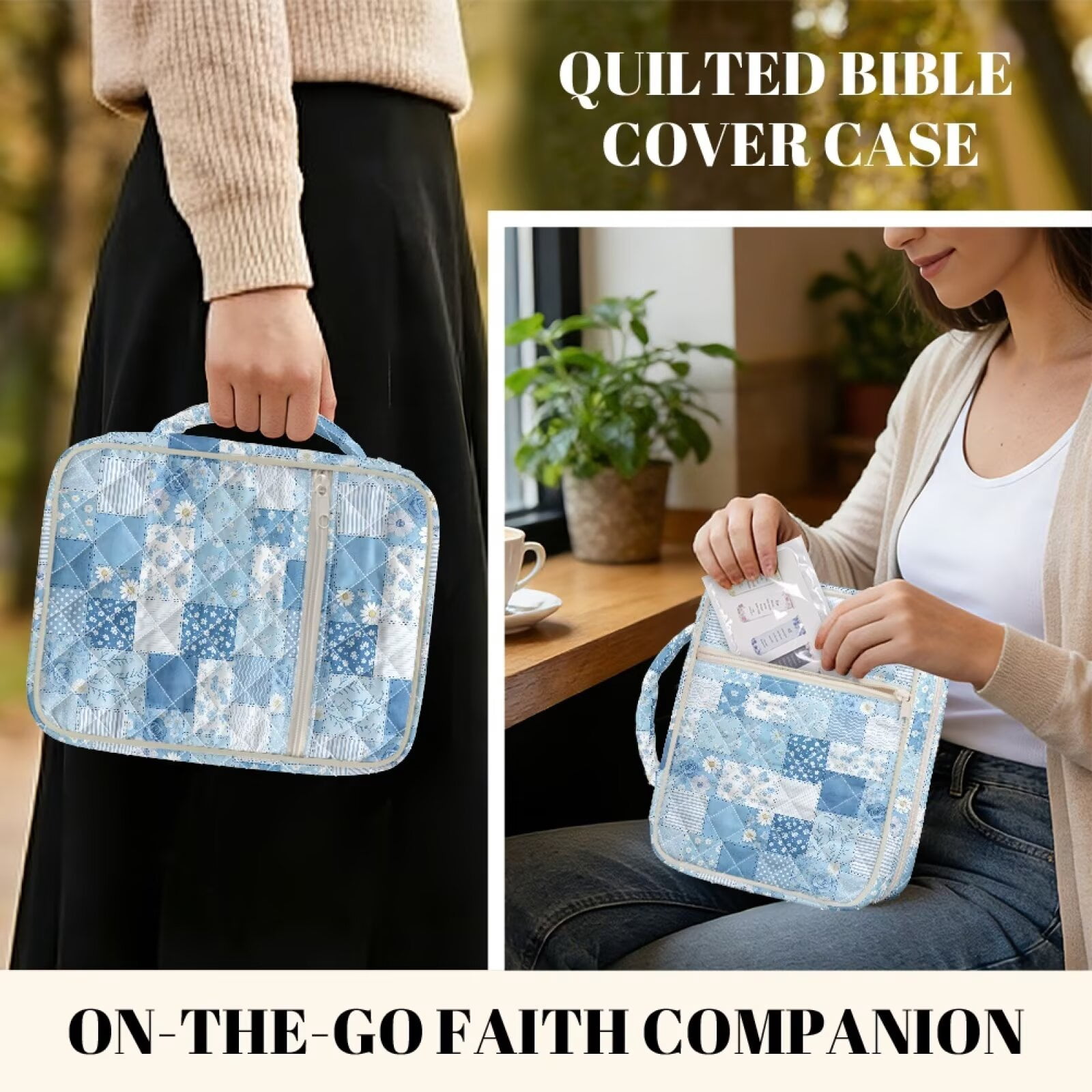 Pzuqiu Blue Daisy Bible Covers with Handle&Bookmark Accessories Elegant Large Capacity Church Scripture Case for Women Carrying Case Study Supplies Accessories for Book Lovers