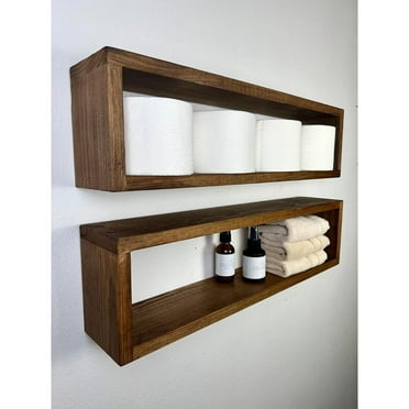 Set of 2 Floating Rectangle Shelves | Easy Mounting | Toilet Paper Holder | Bathroom Storage | Kitchen Spice Rack (Walnut)