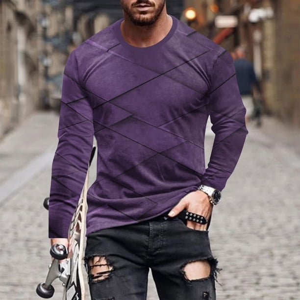 Blusas y camisas de manga larga con cuello redondo para hombre, blusa informal de manga larga con cuello redondo y estampado de rayas, blusa de poliéster para hombre