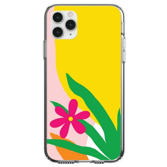 DistinctInk Clear Shockproof Hybrid Case for iPhone 11 Pro MAX (6.5" Screen) - TPU Bumper, Acrylic Back, Tempered Glass Screen Protector - Summer Vibes Bold Flower Pink Green Yellow