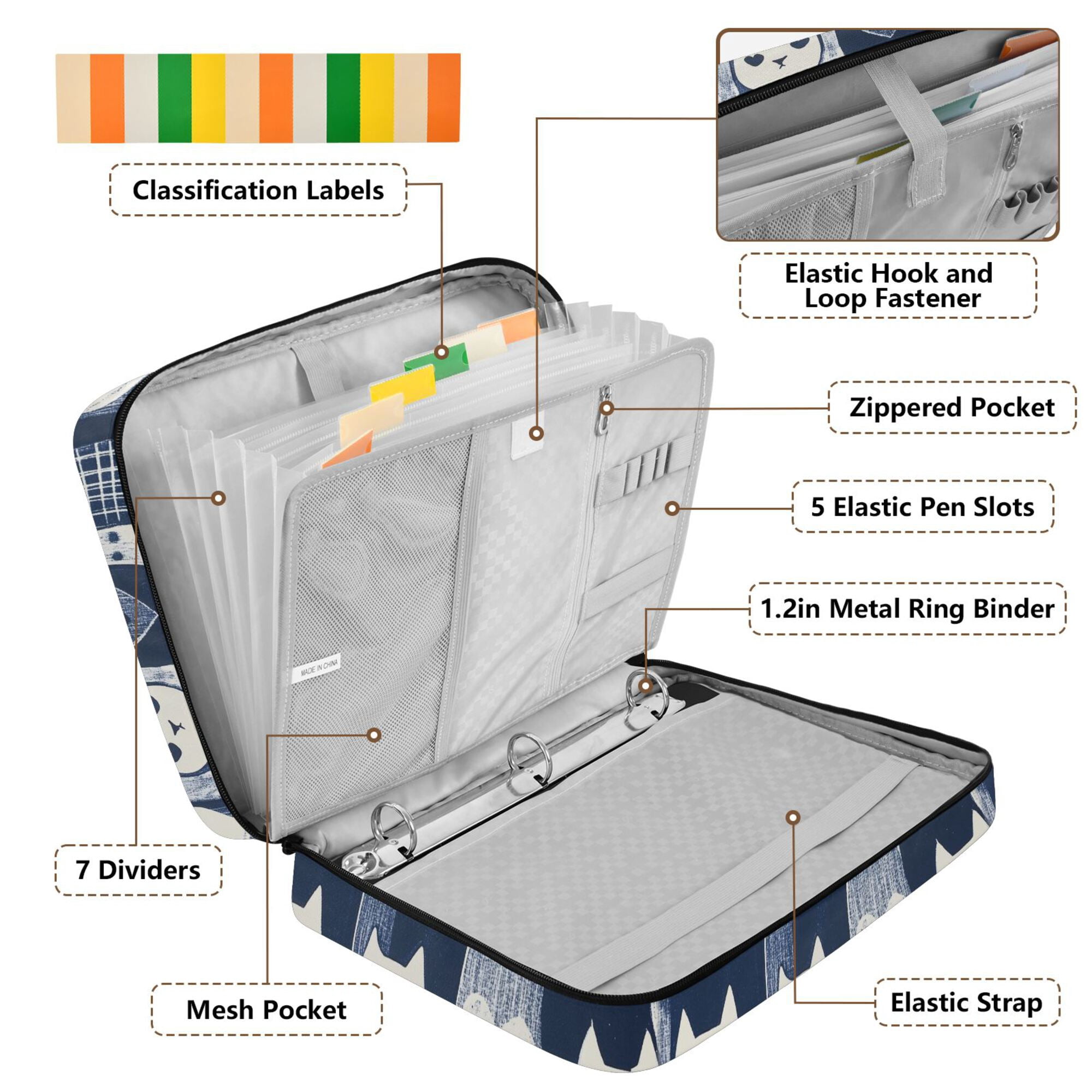 FORMRS Accordion File Folder A4 Size 7-Pocket Expanding Document Organizer Bag with 3 Ring Binder, Blue Cats and Hearts