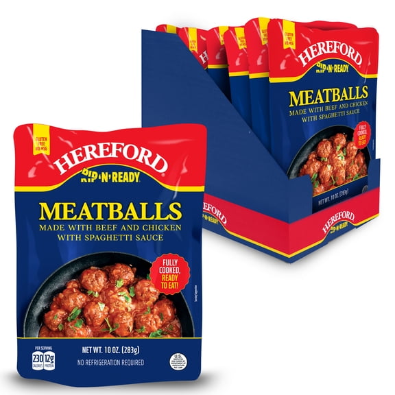 Hereford Meatballs with Spaghetti Sauce, Fully Cooked, Shelf Stable, 10oz Pouch (Case of 6)