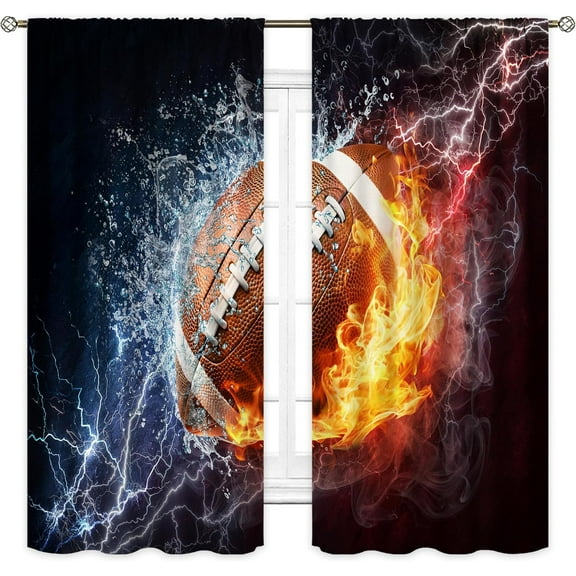 Sports Curtains for Boys Bedroom 42Wx63L Inch Rod Pocket Men American Football Wall Decor Flame 3D Football for Teens Kids Cool Modern Living Room Gym Window Drape Fabric 2 Panel