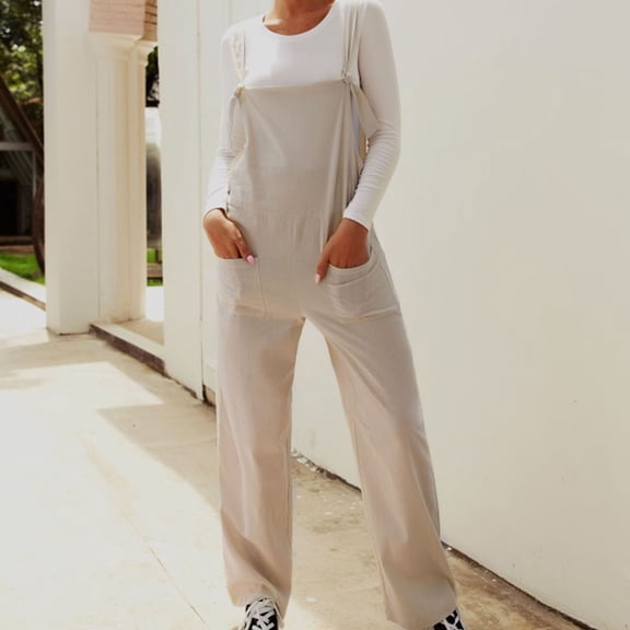 Gaecuw Jumpsuit for Women 2023 Sleeveless Cold Shoulder Overall with Pockets Square Neck Band Collar Solid Onesie One Piece Outfits Casual Loose Long Pants Wide Leg Linen Summer Romper Ankle Length