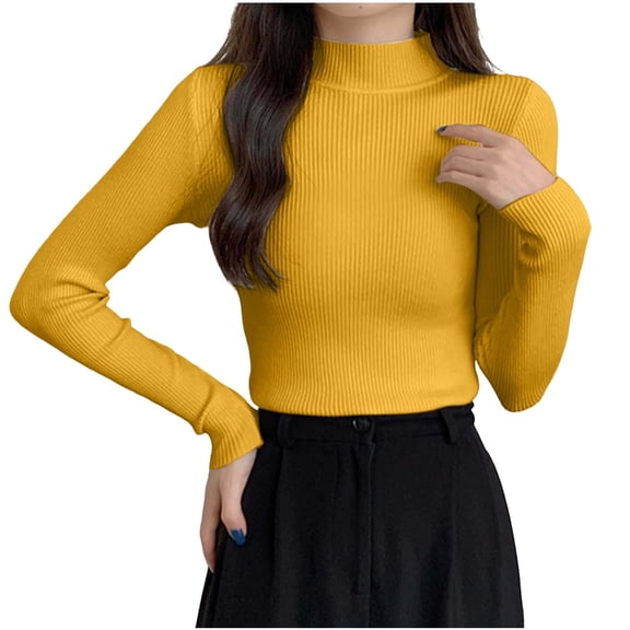 Wlynlyn Womens Long Sleeve Shirts Knit Turtleneck Casual Basic Fitted Thermal Underwear Stretchy Undershirts Fall Fashion Clothes(Yellow,One Size)