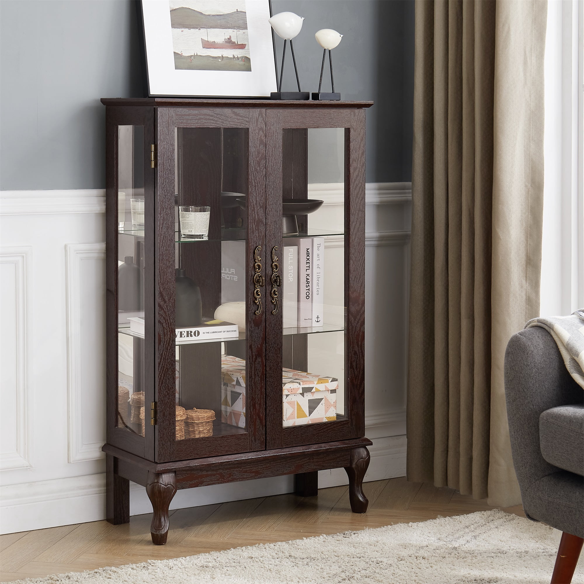 Miniyam Curio Display Cabinet with Light & Tempered Glass Doors, Dark Walnut
