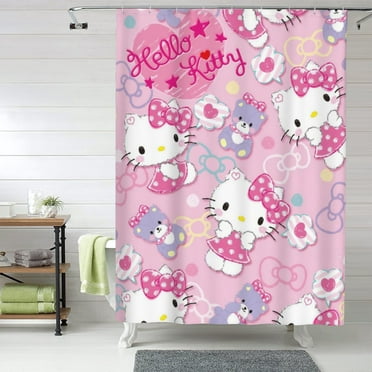 Hello Kitty Shower Curtain, 60 x 72 inch Waterproof Fabric Shower Curtains for Bathroom, Cute Farmhouse Bath Decor Washable Bath Curtain with 12 Hooks