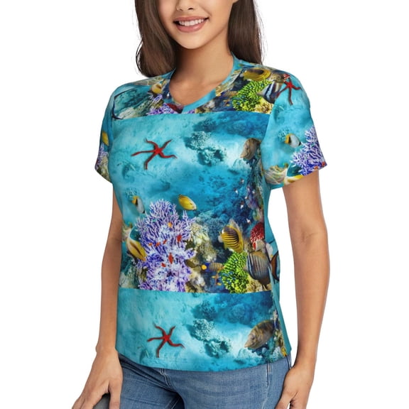 Goofa Corals and Tropical Fish Pattern Women's Slim-Fit Short-Sleeve V-Neck T-Shirt,Classic-Fit Short-Sleeve V-Neck T-Shirt-3X-Large