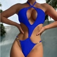 thumbnail image 3 of WREESH Womens One Piece Swimsuits Fashion Hollow-Out Halter Waist Bikini Solid Color Swimwear Beachwear Set Sleeveless Bathing Suits Blue, 3 of 5