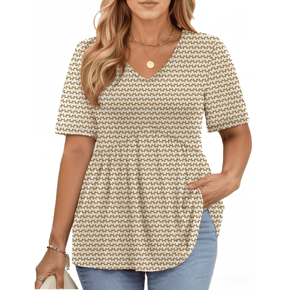 WellSize Plus Size Women Tops Casual V Neck Blouses Summer Short Sleeve Shirts Floral Tunic Tops