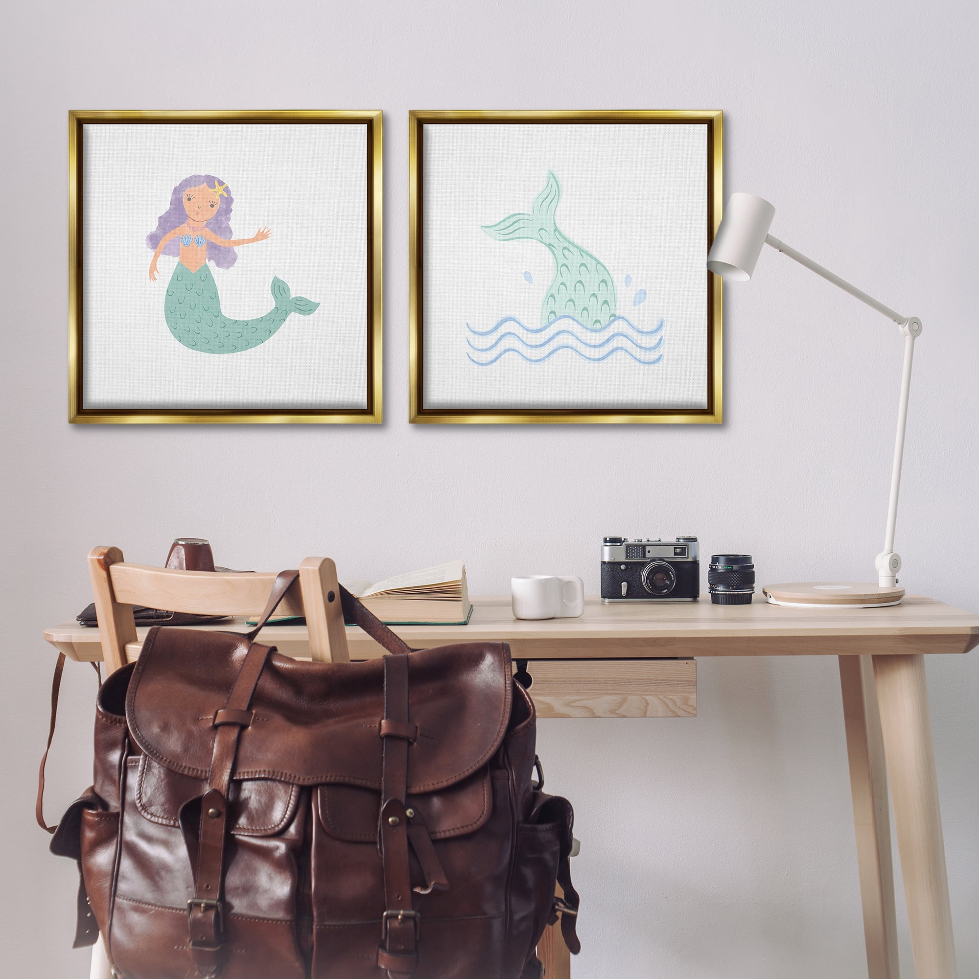 Stupell Industries Ocean Mermaid Splash Fantasy & Sci-Fi Painting Gold Floater Framed Canvas Art Print Wall Art, 25 x 25, Set of 2