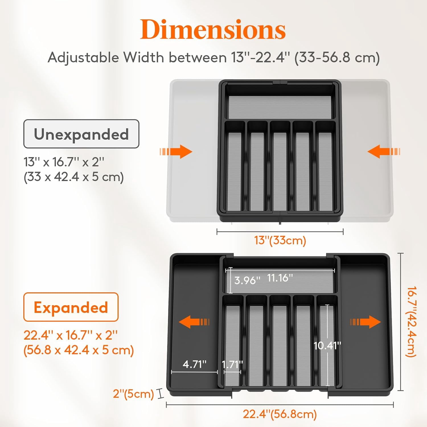 Silverware Drawer Organizer, Expandable Utensil Tray for Kitchen, BPA Free Flatware and Cutlery Holder, Adjustable Plastic Storage for Spoons Forks Knives, 8.5-14 x 12", Black