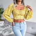 thumbnail image 3 of Back Tie Up Crop Top, Lantern Long Sleeve Top Breathable Ruffles Elegant  Polyester Square Neck Adjustable  For Shopping Yellow M, 3 of 8