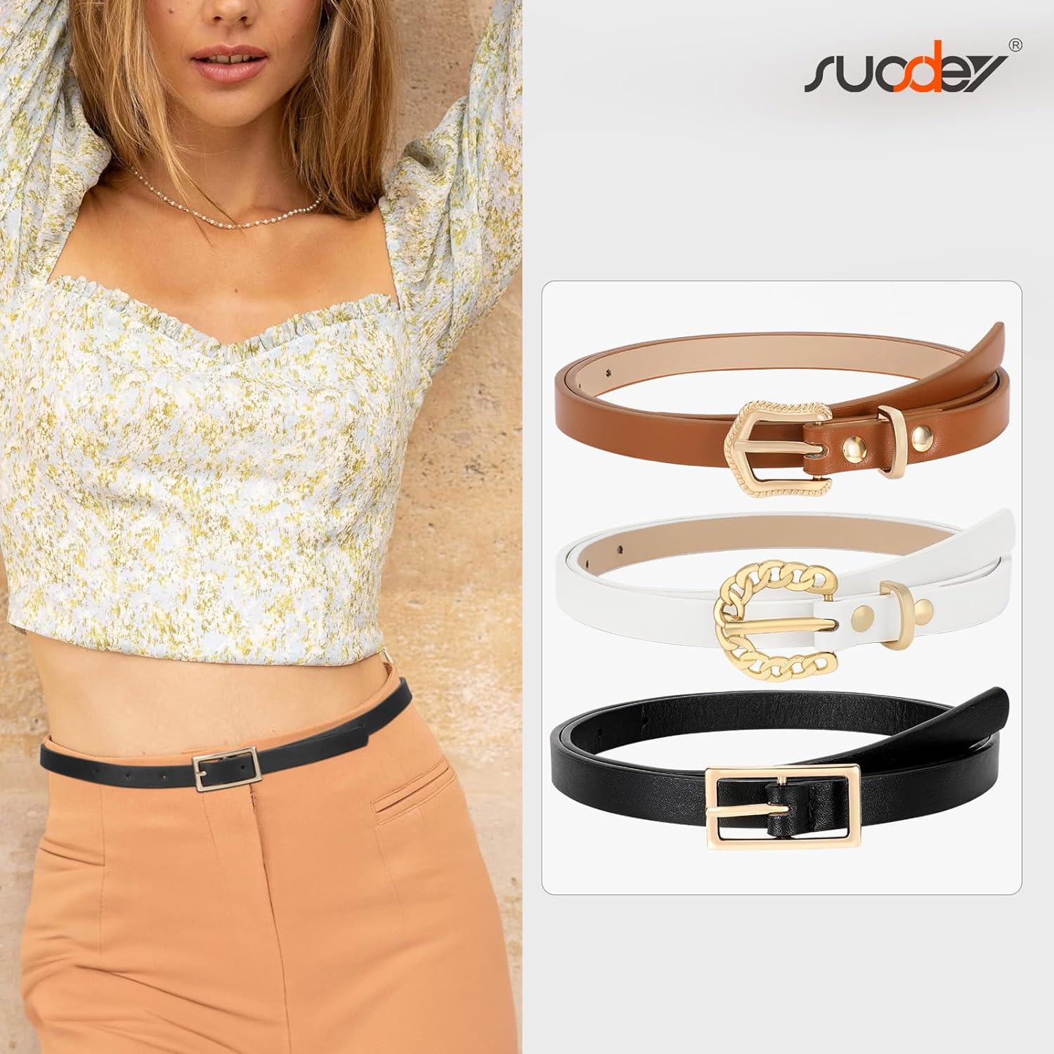 3 Pack Women Skinny Leather Belt for Dresses Thin Leather 