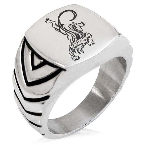 Stainless Steel Striking Tiger Chevron Pattern Biker Style Polished Ring