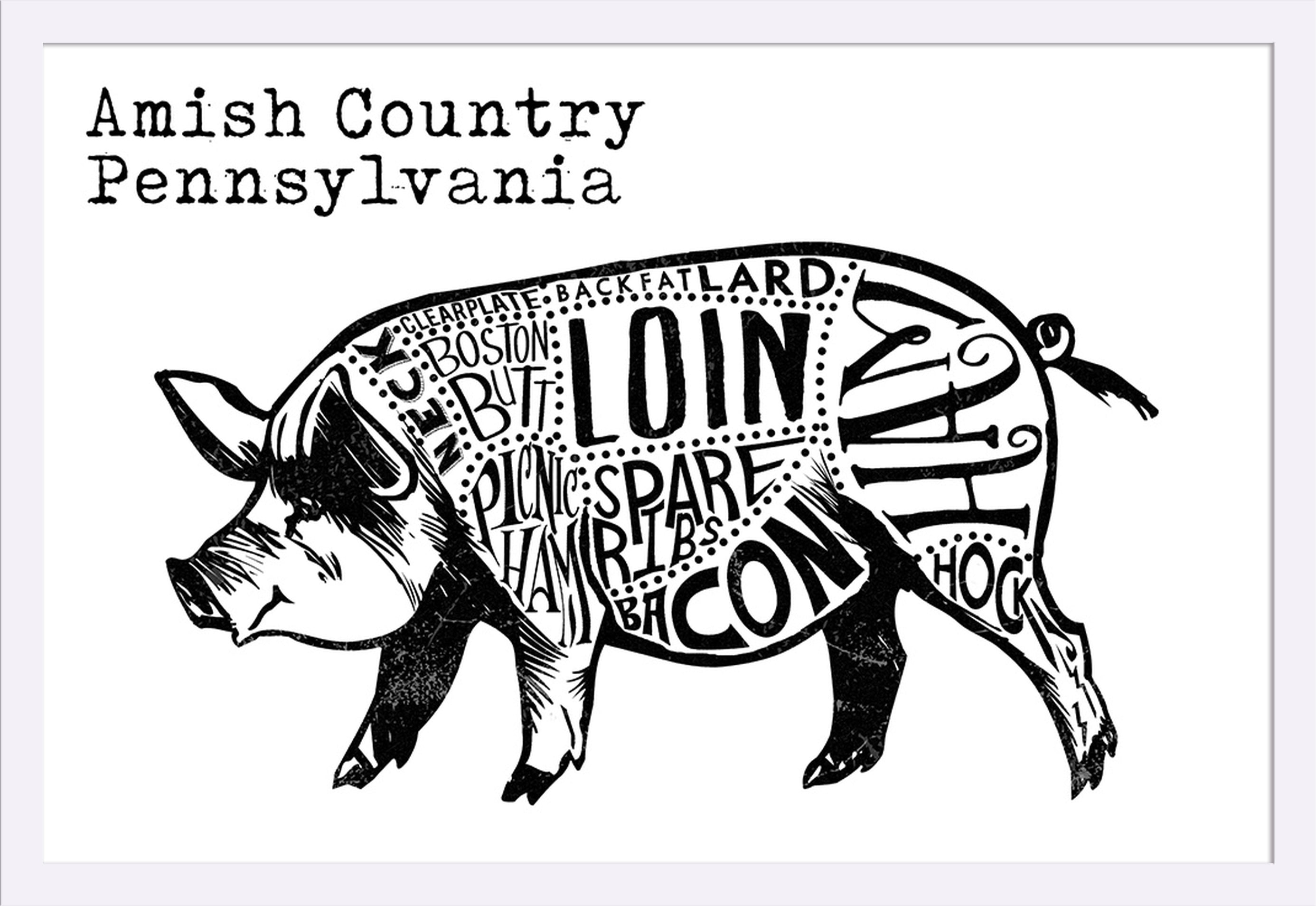 16x24 Giclee Art Print, Gallery Framed, Black Wood Country Kitchen Pig on White 
