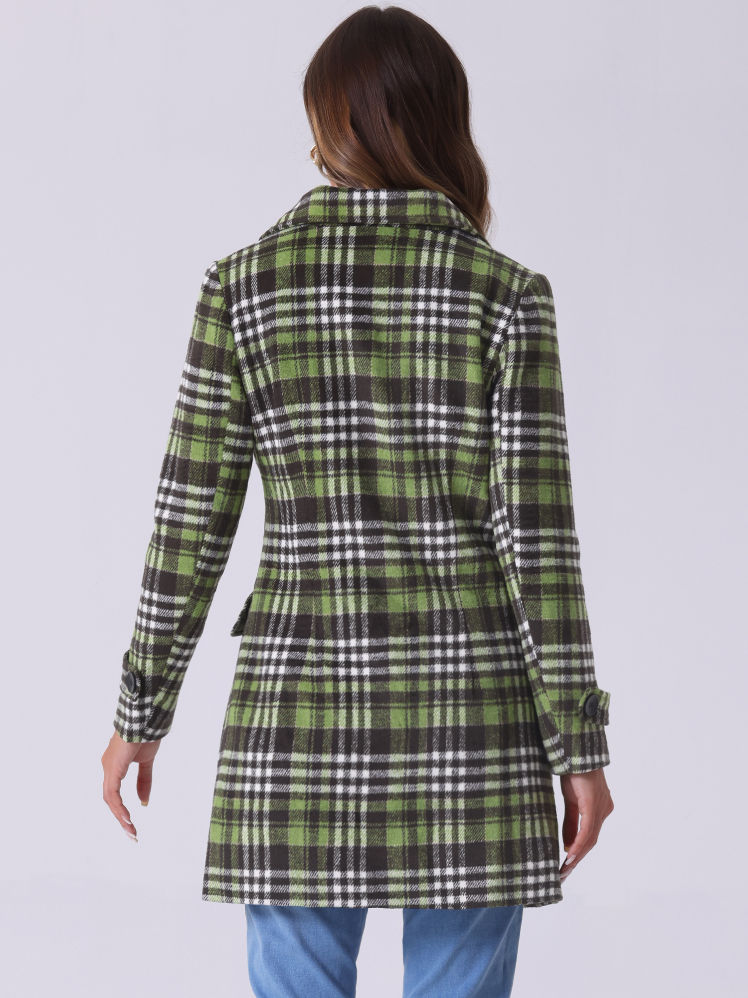 DARING DIVA Women's Plaids Double Breasted Notched Lapel Trench Coat Light Green L