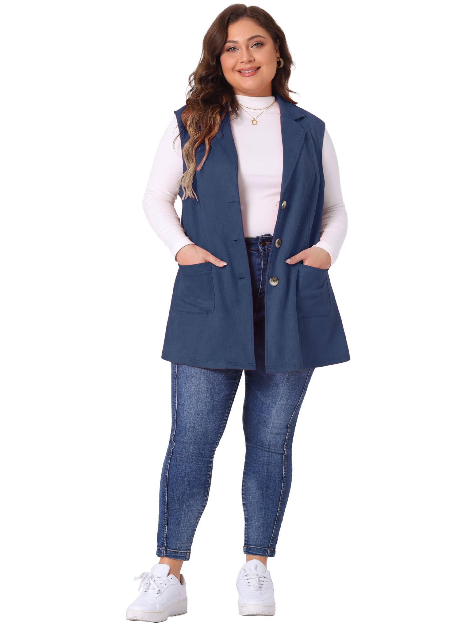 DARING DIVA Women's Plus Size Lapel Sleeveless Lightweight Suede Vests 3X Dark Blue