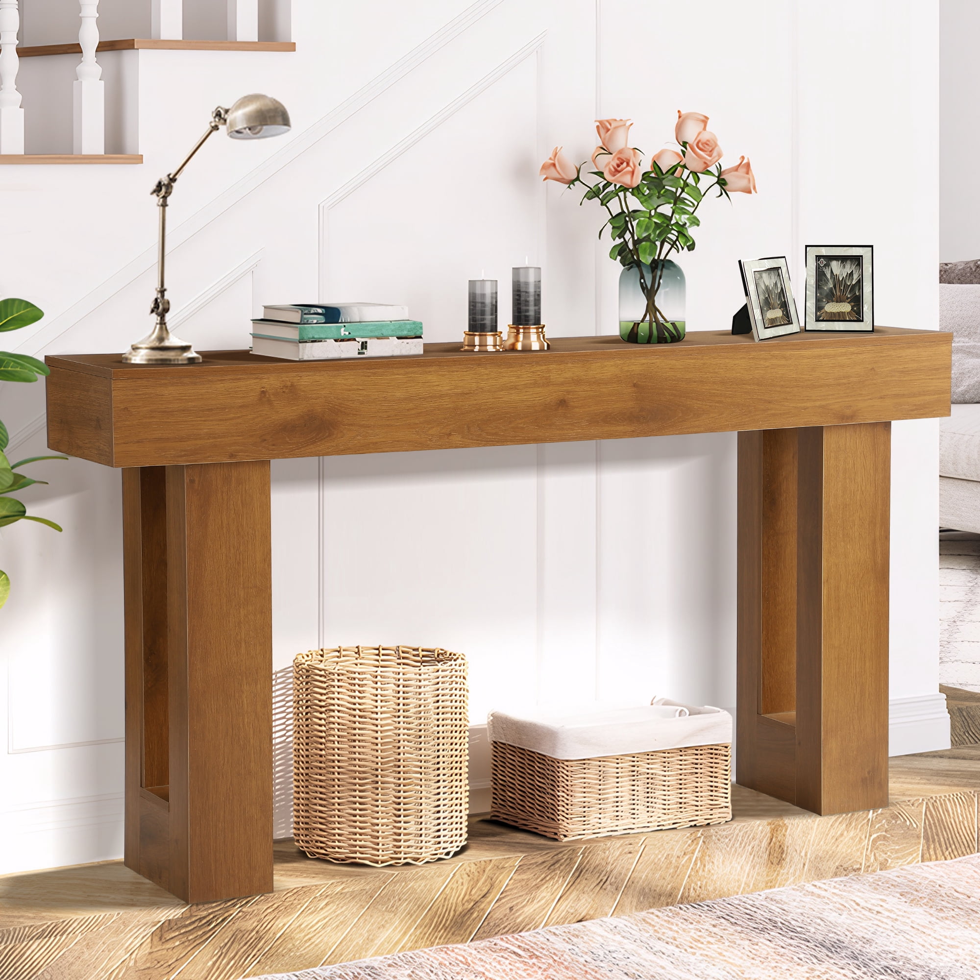 Magic Union 63" Long Console Table for Entryway, Wood Rectangular Sofa Table Behind Couch with 2-tier Open Storage and Weighted Base, Foyer Accent Tables for Entryway, Hallway, Living Room