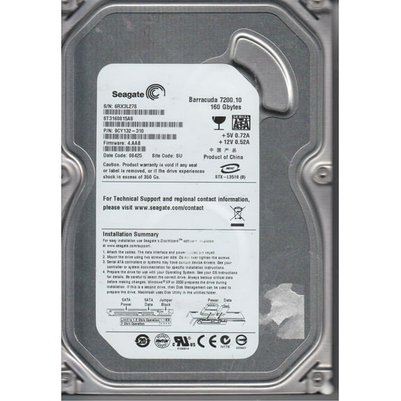 ST3160815AS, 6RX, SU, PN 9CY132-310, FW 4.AAB, Seagate 160GB SATA 3.5 Hard Drive