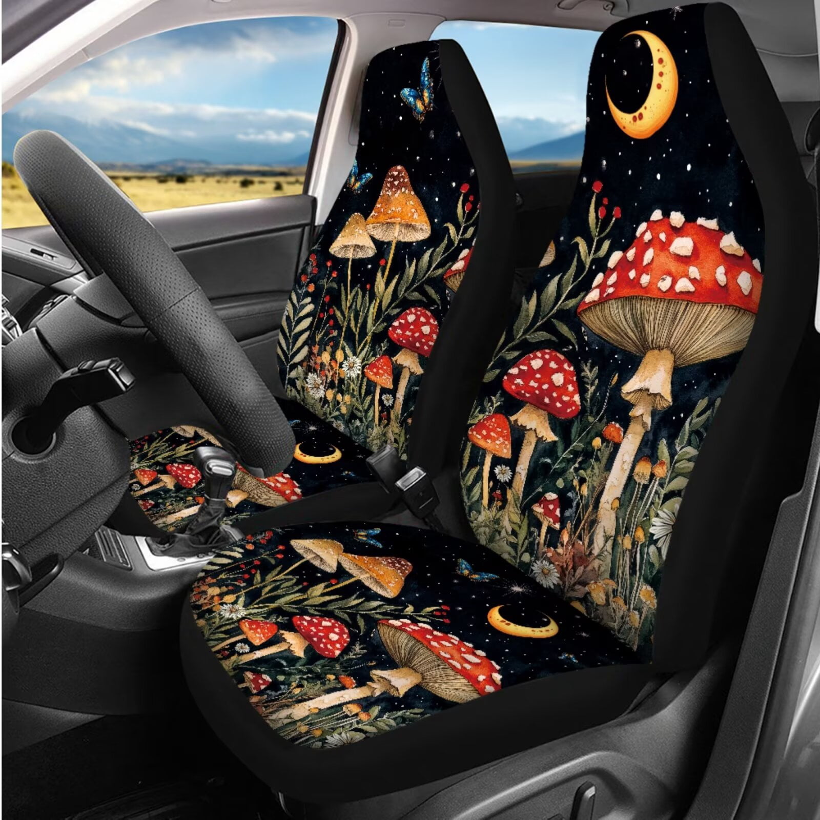Garronmavis Cute Mushroom 14 Pcs Car Accessories Full Set with Car Head Rest Cover Steering Wheel Protector Armrest Cover and Seat Belt Covers Full Coverage Universal Fit for Auto Cars SUV