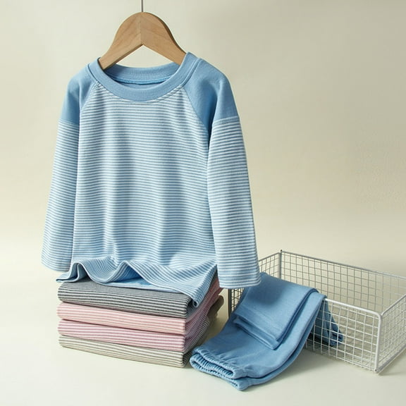 BRGZLK Thin Thermal Underwear Set For Kids Boys Girls Fall Winter Fashion Striped Print Double-Sided Brushed Fleece Lined Base Layer Top and Bottom 2-Piece Outfit Set Blue 11-12 Years