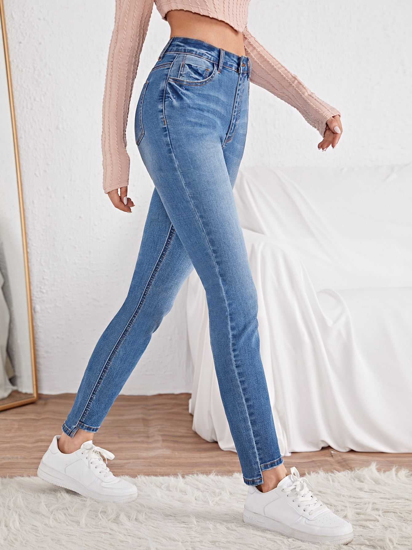 Women's Zipper Fly High low Hem Jeans 