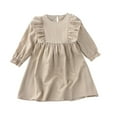 thumbnail image 2 of Toddler Girls Cotton Linen Dresses Long Sleeve 2-8 Years Kids Cute Ruffle A-Line Crewneck Solid Color Pullover Vintage Babydoll Dress, 2 of 8