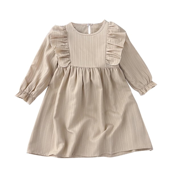 biudgviw Robe en Coton et Lin pour Tout-Petites Filles à Volants à Manches Longues Col Ras du Cou Couleur Unie Texturée Robes Trapèze Décontractées Robe de Printemps Automne