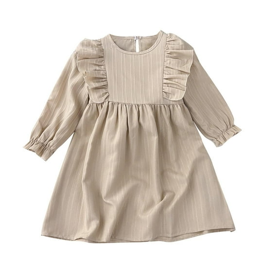 Odeerbi Toddler Girls Ruffle Long Sleeve Cotton Linen Dress Spring Summer Retro Vintage Princess Dresses Solid Color Round Neck Cute Dress Toddler Girls Clothes