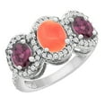 thumbnail image 1 of 10K White Gold Natural Coral & Rhodolite 3-Stone Ring Oval Diamond Accent, size 6, 1 of 2
