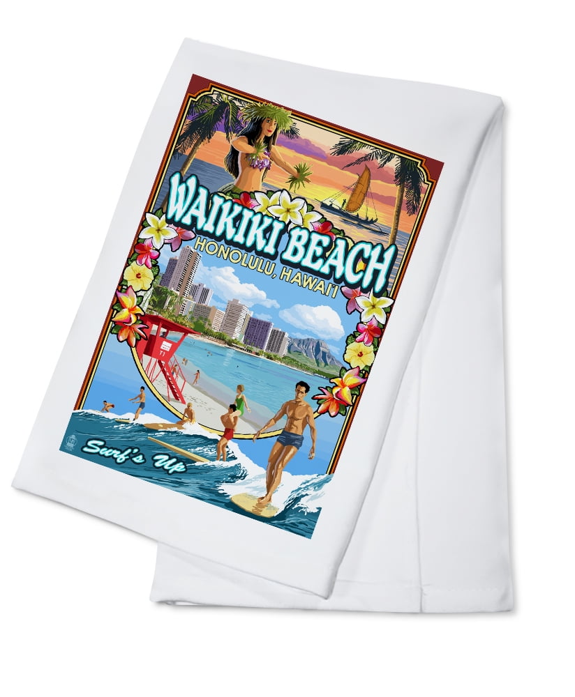Waikiki Beach, Hawaii, Montage Scene (100 Cotton Tea Towel, Decorative