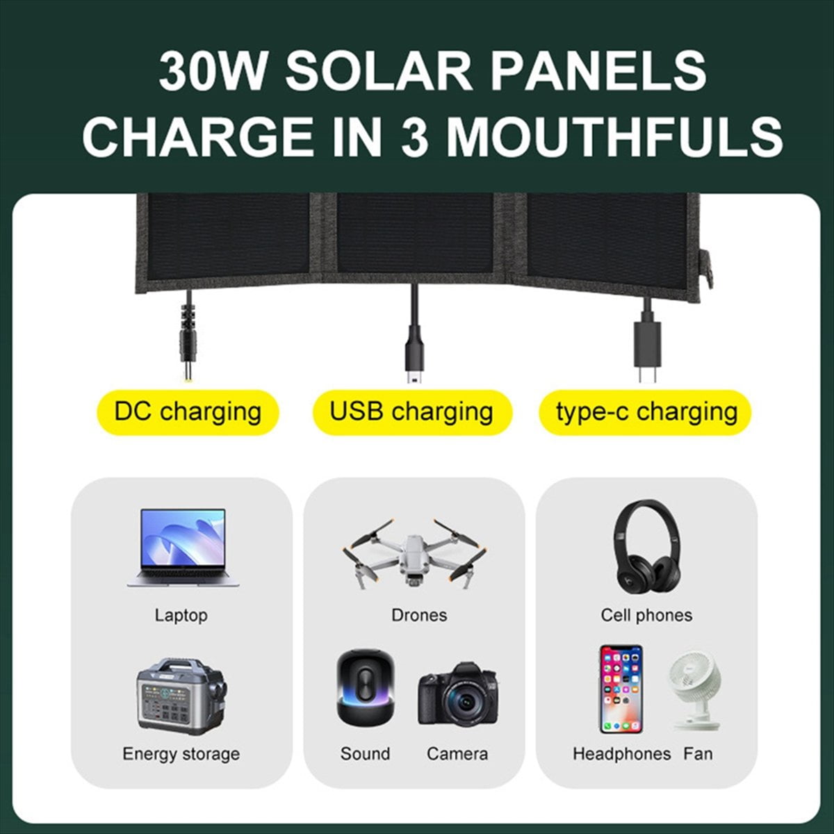 30W 18V Folding Solar Panel Type-C Usb Photovoltaic Charger Outdoor Mobile Phone Fast Charging Mobile Power Bank-Khaki