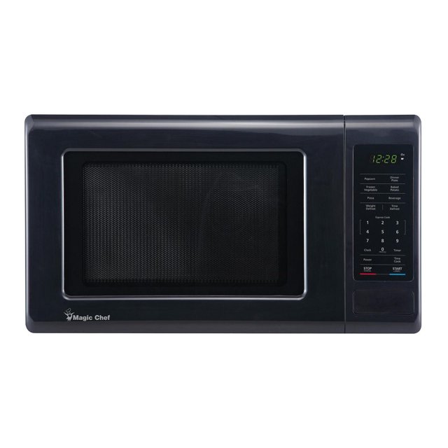Magic Chef black countertop microwave featuring a 0.9 cu ft capacity, digital touch control panel with preset cooking options, and a green LED display showing the time.