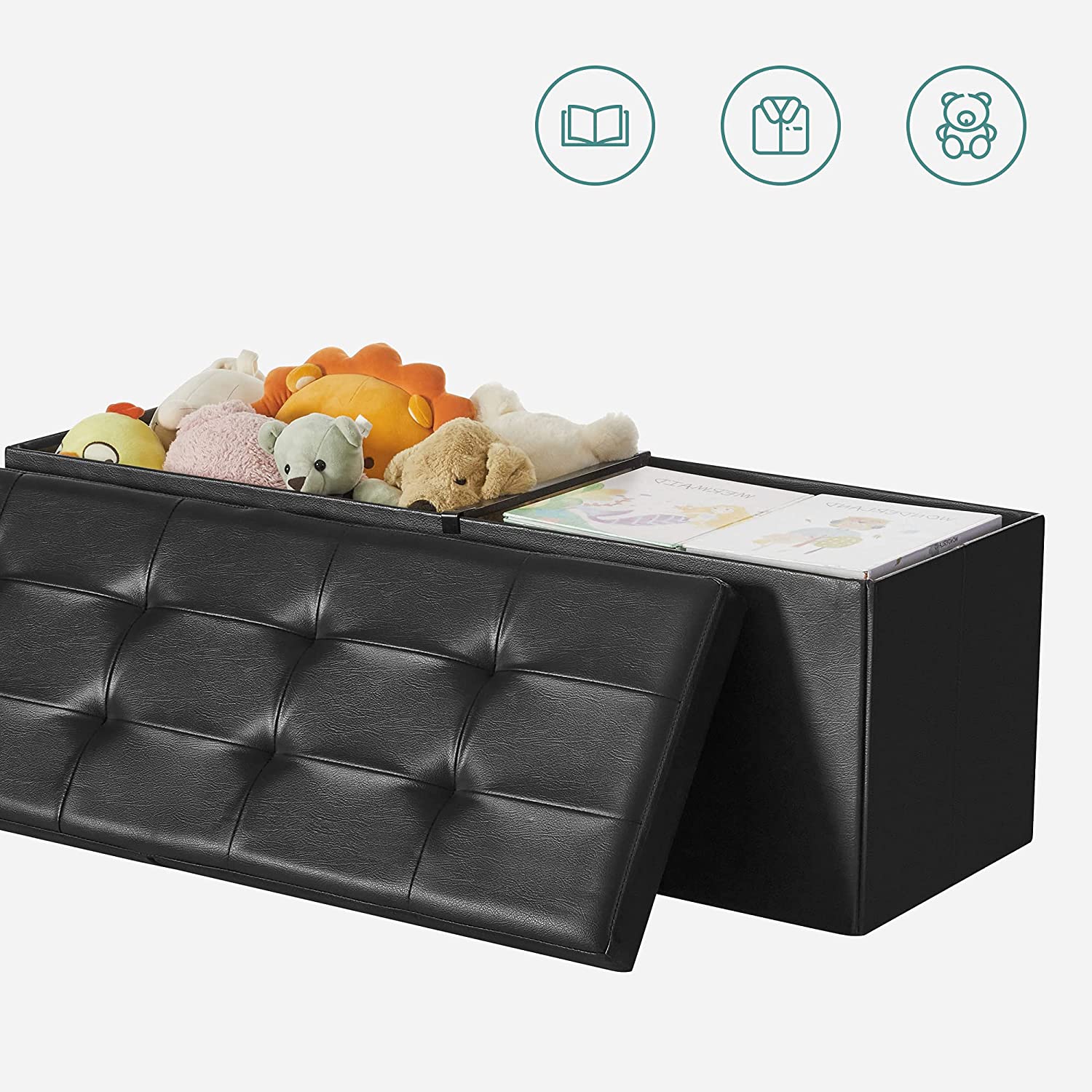 Songmics 43" Folding Storage Ottoman Bench, Black photo 7