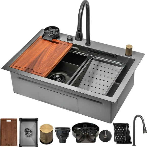 Strictly Sinks 33 Inch Waterfall Kitchen Sink with Glass Rinser–16 Gauge Drop In Kitchen Sink with 360° Pull-Out Faucet,Waterfall Sprayer,Wood Cutting Board,Colander,Drain & Kitchen Sink Accessories