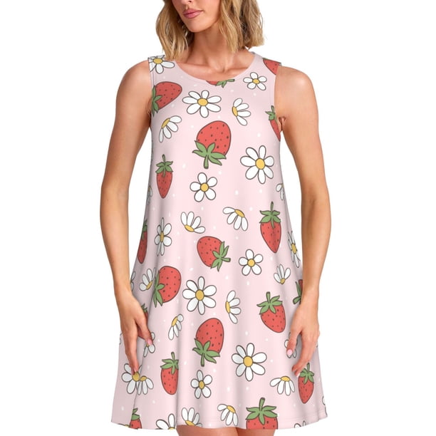 Fotbe Strawberry Floral Vestido de Verano sin Mangas para Mujer – Vestido Midi Línea A, Estilo Camiseta Floral, Vestido Playero Casual y Fluido