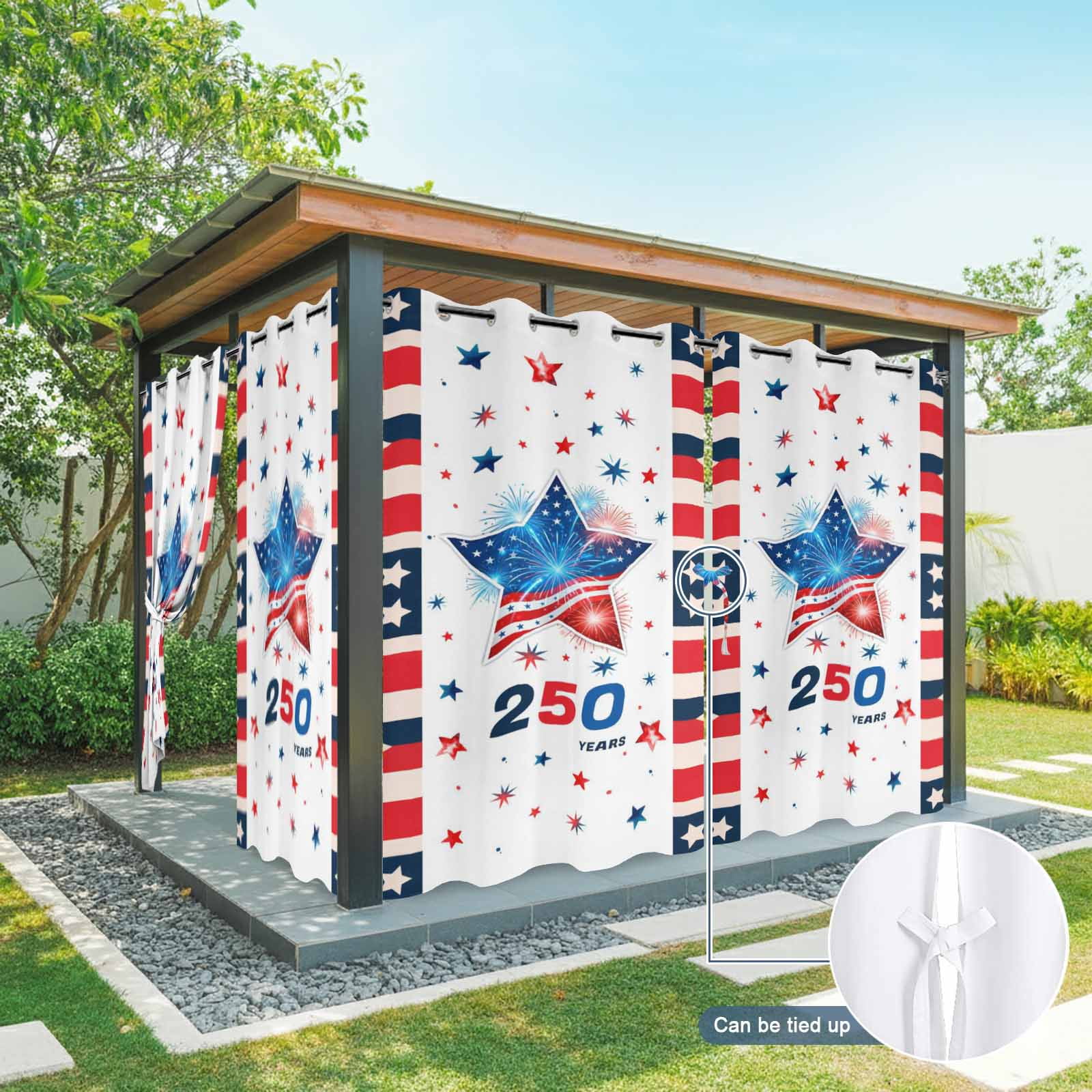 Independence Day Outdoor Curtains for Patio, Years US Flag Red Blue Star Fireworks Sunshade Privacy Drapes Grommet Waterproof Outside Curtains for Porch/Cabana/Balcony 54"x 108", 1 Panel